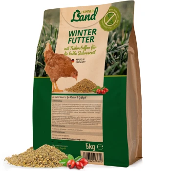 5kg Sack "Hühner Land Winter Futter" Hühnerfutter mit einer Henne auf der Vorderseite, hergestellt in Deutschland für die Winterernährung.