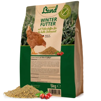 5kg Sack "Hühner Land Winter Futter" Hühnerfutter mit einer Henne auf der Vorderseite, hergestellt in Deutschland für die Winterernährung.