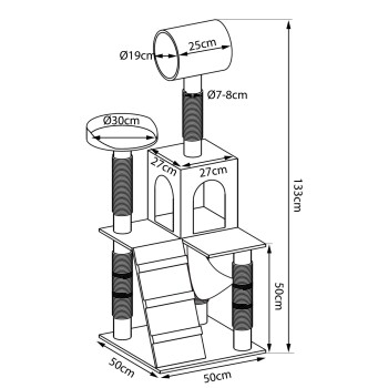 Illustration eines Katzenbaums mit Abmessungen: Höhe 133 cm, Basis 50x50 cm, mit einem Rohr, Plattformen und Kratzpfosten.