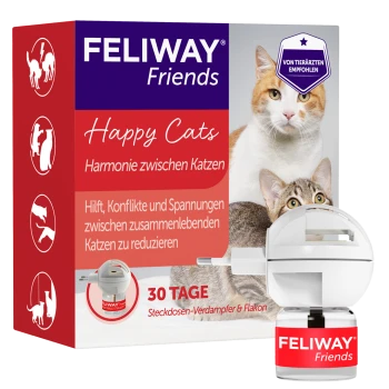 FELIWAY Friends-Box mit Steckdiffusor, 'Happy Cats' Schriftzug, '30 TAGE', Foto von zwei Katzen
