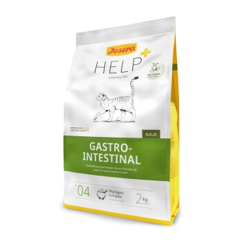 Josera Help Veterinary Diet Gastro-Intestinal Katzenfutter, 2 kg Tüte, mit einer Katzenillustration und Text in Deutsch und Englisch.