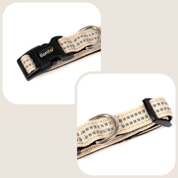Beiges gewebtes Haustierhalsband mit reflektierenden grauen Streifen, Metall-D-Ring und schwarzer Schnalle mit Aufdruck lionto, zwei Nahaufnahmen des Produkts.
