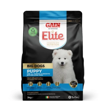 Dog food bag labeled "GAIN Elite" featuring a white puppy on the front, promoting nutrition for big dog puppies, 3kg, chicken & rice flavor.
