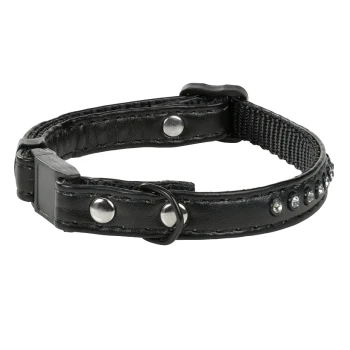 Collier pour animaux de compagnie noir avec des clous en argent et une boucle en plastique, présentant une section en nylon tissé pour le confort.