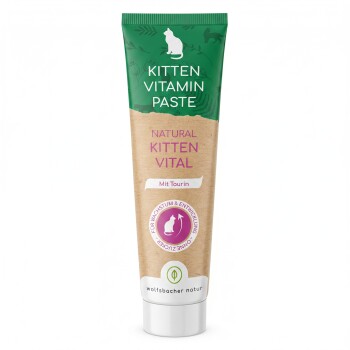 Tube mit 'KITTEN VITAMIN PASTE' mit grünem Verschluss; Aufdruck 'NATURAL KITTEN VITAL' und 'Mit Taurin', Marke Wolfsbacher Natur.