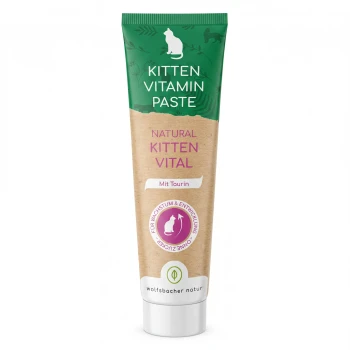 Tube mit 'KITTEN VITAMIN PASTE' mit grünem Verschluss; Aufdruck 'NATURAL KITTEN VITAL' und 'Mit Taurin', Marke Wolfsbacher Natur.