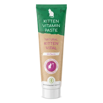 Tube mit 'KITTEN VITAMIN PASTE' mit grünem Verschluss; Aufdruck 'NATURAL KITTEN VITAL' und 'Mit Taurin', Marke Wolfsbacher Natur.