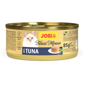 JosiCat Finest Mousse mit Thunfisch 85g Katzenfutterdose, getreidefreie Rezeptur, ohne Zuckerzusatz, Bild mit Serviervorschlag.