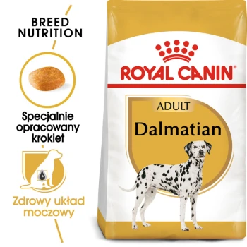 Torba z karmą dla psów Royal Canin Adult Dalmatian z sylwetką dalmatyńczyka, podkreślająca korzyści żywieniowe dla rasy i zdrowie układu moczowego.