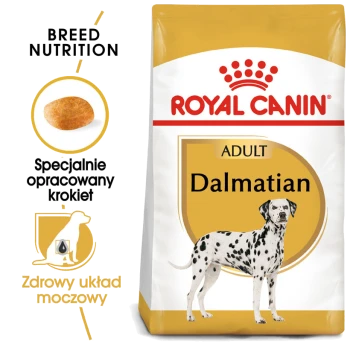 Torba z karmą dla psów Royal Canin Adult Dalmatian z sylwetką dalmatyńczyka, podkreślająca korzyści żywieniowe dla rasy i zdrowie układu moczowego.