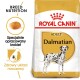 Torba z karmą dla psów Royal Canin Adult Dalmatian z sylwetką dalmatyńczyka, podkreślająca korzyści żywieniowe dla rasy i zdrowie układu moczowego.