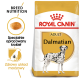 Torba z karmą dla psów Royal Canin Adult Dalmatian z sylwetką dalmatyńczyka, podkreślająca korzyści żywieniowe dla rasy i zdrowie układu moczowego.