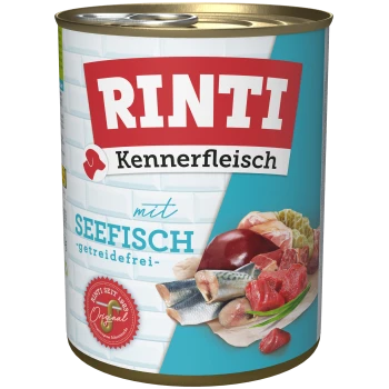 Nourriture en conserve pour animaux de compagnie RINTI Kennerfleisch avec l'étiquette "mit SEEFISCH" (avec poisson de mer) et "getreidefrei" (sans céréales), avec des images de poisson et de viande.