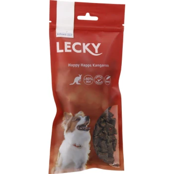 Eine rote Haustierfuttertasche mit der Aufschrift "LECKY Happy Happs Kangaroo", die einen lächelnden Hund und Fleischstücke zeigt, mit den Symbolen "93% Fleisch" und "einzelnes Protein".