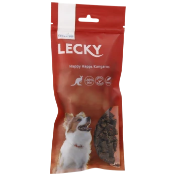 Eine rote Haustierfuttertasche mit der Aufschrift "LECKY Happy Happs Kangaroo", die einen lächelnden Hund und Fleischstücke zeigt, mit den Symbolen "93% Fleisch" und "einzelnes Protein".