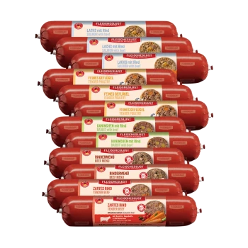 Stapel roter Fleischeslust-Tiernahrungswürste mit Etiketten 'FLEISCHESLUST' und Sortenbezeichnungen wie 'Lachs mit Rind', 'Feines Geflügel'