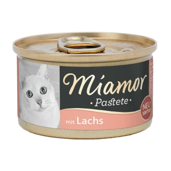 Miamor Katzenfutterdose mit einer weißen Katze auf dem Etikett, beschriftet mit "Pastete mit Lachs" und "NEU: zarter."