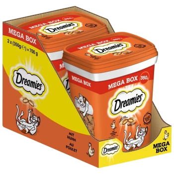 Dreamies Katzenleckerlis in einer Mega-Box-Verpackung, mit zwei 350g Behältern, einer verspielten Katzenillustration und dem Text 'MIT HUNH AU POULLET.'