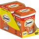 Dreamies Katzenleckerlis in einer Mega-Box-Verpackung, mit zwei 350g Behältern, einer verspielten Katzenillustration und dem Text 'MIT HUNH AU POULLET.'