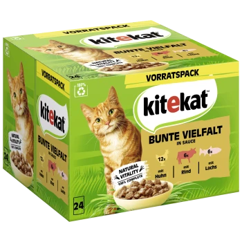 Kitekat Katzenfutter-Variationspackung mit einer roten Katze, beschriftet mit "Bunte Vielfalt in Sauce," enthält 12 Portionen Huhn, 6 Rind und 6 Lachs.