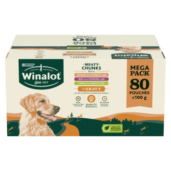Winalot dog food mega pack with 80 pouches, meaty chunks in gravy, chicken, beef, lamb with carrots and potatoes.