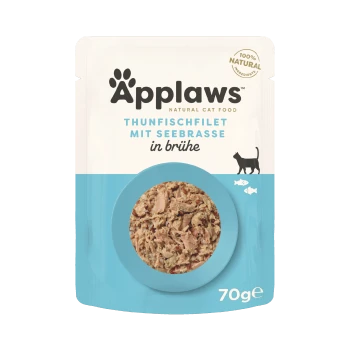 Applaws natuurlijke kattenvoerzak met tonijnfilet met zeebaars in bouillon, 70g, met een katten silhouet en visiconen.
