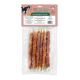 Eine Packung Knuffelwuff Hundesnacks mit sechs verdrehten Fleischstangen, beschriftet mit 'Unwiderstehlich lecker!' mit Illustrationen einer Kuh und eines Huhns.