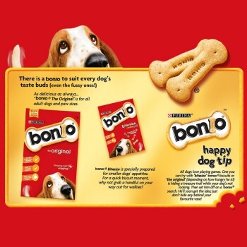 Promotional display for Bonio dog biscuits with a beagle's face, "Bonio The Original," "Bonio Bitesize," and a tip about playing with dogs.