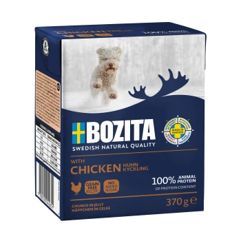 Bozita-Hundefutterverpackung mit einer verschneiten Szene und einem flauschigen Hund, beschriftet mit "mit Huhn", getreidefrei, 100% tierisches Protein, 370g.