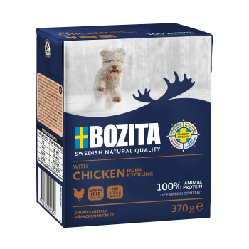 Opakowanie karmy dla zwierząt Bozita z zimowym krajobrazem i puszystym psem, oznaczone "z kurczakiem," bez zbóż, 100% białka zwierzęcego, 370g.