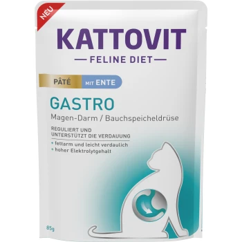 Kattovit Feline Diet Gastro Pâté mit Ente, 85g-Packung; fördert die Verdauung, fettarm, leicht verdaulich, hoher Elektrolytgehalt.