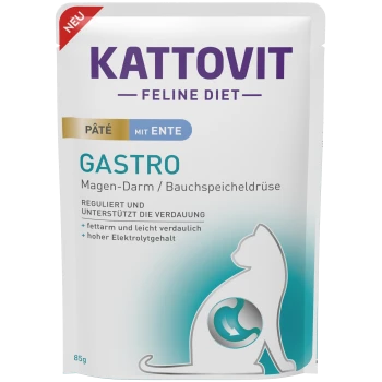 Kattovit Feline Diet Gastro Pâté mit Ente, 85g-Packung; fördert die Verdauung, fettarm, leicht verdaulich, hoher Elektrolytgehalt.