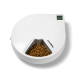 Weißer automatischer Katzenfutterspender mit digitalem Display und grauem Futternapf, mit der Aufschrift "Cat Mate" an der Seite.