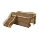 Wooden pet ramp and platform with a slide, designed for small animals, featuring a natural bark finish and curved edges.