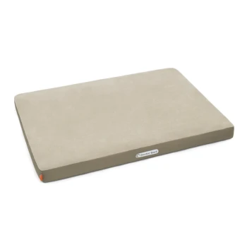 Ein beiges Haustierbett mit einer weichen Oberfläche und einem braunen Rand, mit einem 'Doctor Bark'-Logo an der Seite.