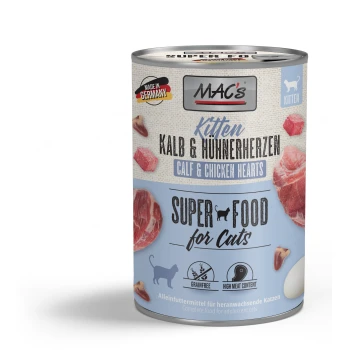 Nassfutter Kitten Kalb und Hühnerherzen 6x400 g Dosenfutter für Katzen mit der Aufschrift "MAC's Kitten Kalb & Hühnerherzen", mit Bildern von Fleisch und einem Ei, sowie Symbolen für "Getreidefrei" und "Hoher Fleischanteil".
