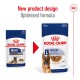 Comparison of Royal Canin dog food: "Maxi Ageing 8+" on the left and new "Maxi Ageing" design on the right, showcasing optimized formula.