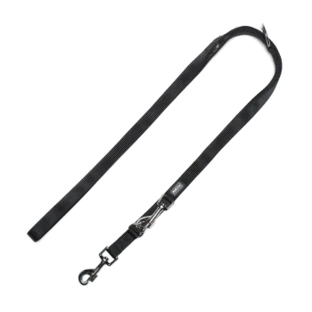 Black nylon dog leash with a metal clip and a sturdy handle, designed for pet safety and control.