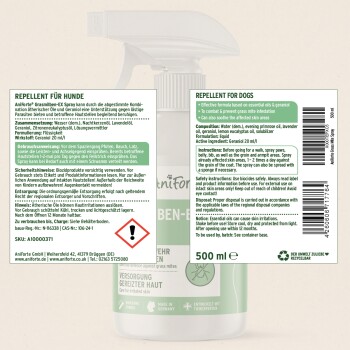 Abwehrspray für Hunde, 500 ml, mit ätherischen Ölen wie Geraniol und Lavendel. Anweisungen und Sicherheitswarnungen enthalten.