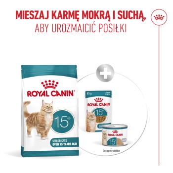 Sucha karma Royal Canin 15+ w opakowaniu z saszetkami/konserwą; widoczne napisy: 'ROYAL CANIN', '15+', 'Koty seniorzy powyżej 15. roku życia'.