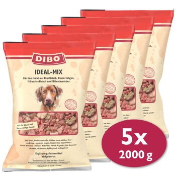 Fünf Säcke DIBO Ideal-Mix Haustierfutter, jeweils 2000g, mit Rind-, Huhn- und Leberzutaten, mit Text in Deutsch und Englisch.