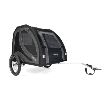 Schwarzer DogBus Plus Zweirad-Haustier-Fahrradanhänger mit Netzpaneelen, gespeichten Rädern und Aluminium-Zugarm.