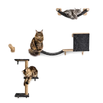 Getigerte Katze schläft in einer grauen wandmontierten Hängematte über grauen Katzenregalen und einem Kratzbaum mit „Designed in Europe“-Etikett.