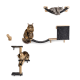 Getigerte Katze schläft in einer grauen wandmontierten Hängematte über grauen Katzenregalen und einem Kratzbaum mit „Designed in Europe“-Etikett.