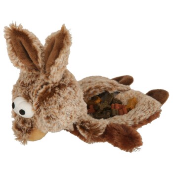 Plüsch-Hundespielzeug in Form eines braunen Hasen mit großen Augen, das ein verstecktes Fach mit bunten Leckereien enthält.
