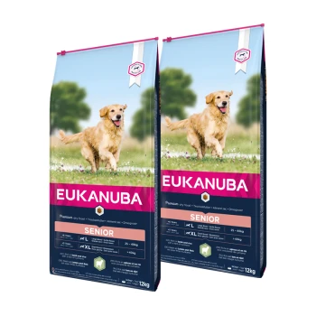 Eukanuba Senior-Hundefutterbeutel, jeweils 12 kg, mit einem Golden Retriever auf der Vorderseite, mit Angaben zu Alters- und Gewichtsempfehlungen.