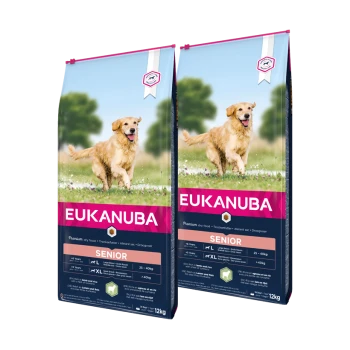 Worki karmy dla psów Eukanuba Senior, po 12 kg każdy, z złotym retrieverem na przodzie, z informacjami o zaleceniach dotyczących wieku i wagi.