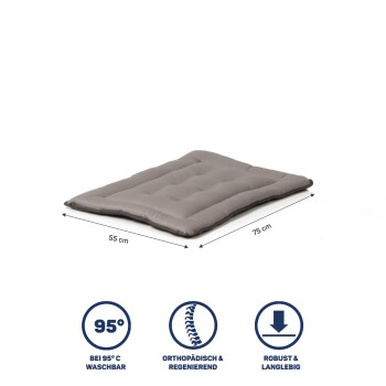 Graues Haustierbett mit den Maßen 55 cm mal 75 cm, gekennzeichnet als waschbar bei 95°C, orthopädisch, langlebig und regenerierend.