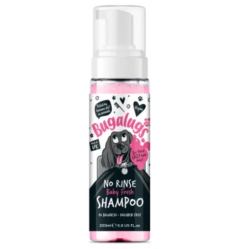 Bugalugs No Rinse Baby Fresh Shampoo, 200ml, mit Cartoon-Hund, pinker Flüssigkeit, vegan, pH-ausgeglichen und parabenfrei.