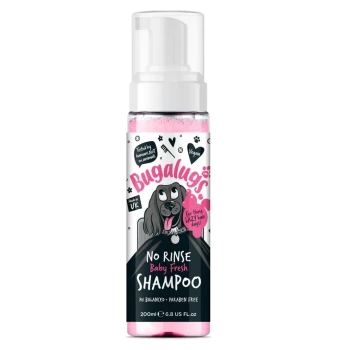 Bugalugs No Rinse Baby Fresh Shampoo, 200ml, mit Cartoon-Hund, pinker Flüssigkeit, vegan, pH-ausgeglichen und parabenfrei.